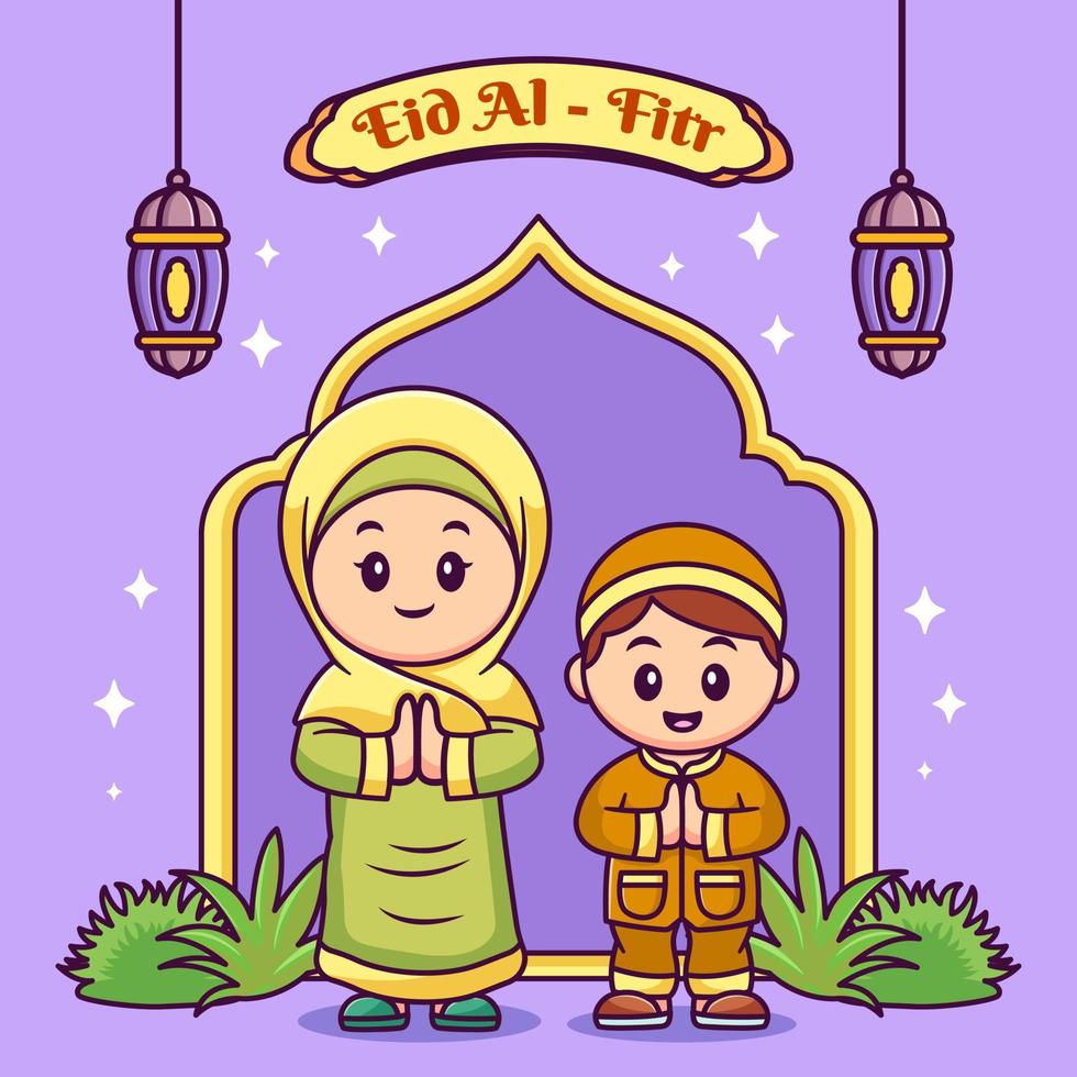 Cute muslim mother and son cartoon vector illustration flat style concept, Hand drawn eid al-fitr illustration.