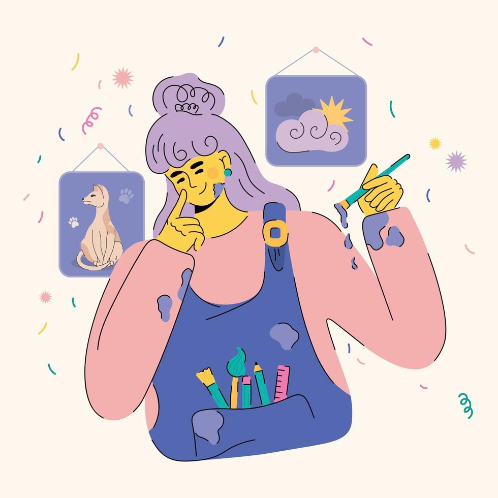 The artist thinks with brush in hand in her studio. Cute bright vector illustration in on-trend colors with a bright simple character. Girl is learning to draw.
