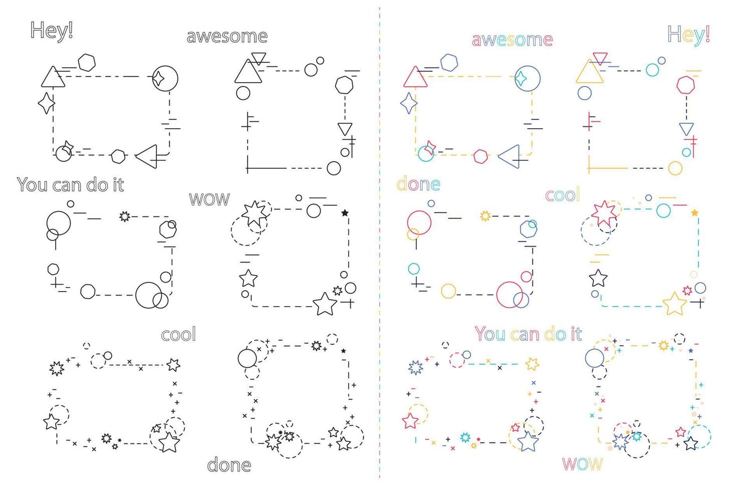 Set of frames with space for text and phrases. Vector Color and black and white frames for social media or needlework. Doodle line art illustrations with text