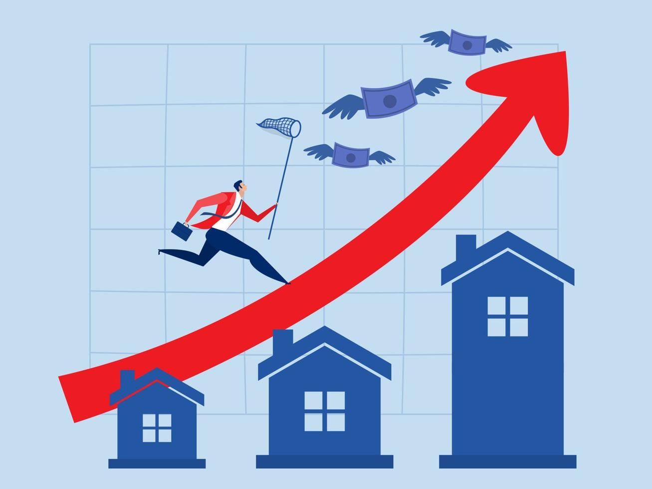 Inflation Housing price rising up ,businessman running on rising Red graph on house price up a Real estate or property growth concept flat vector illustrator