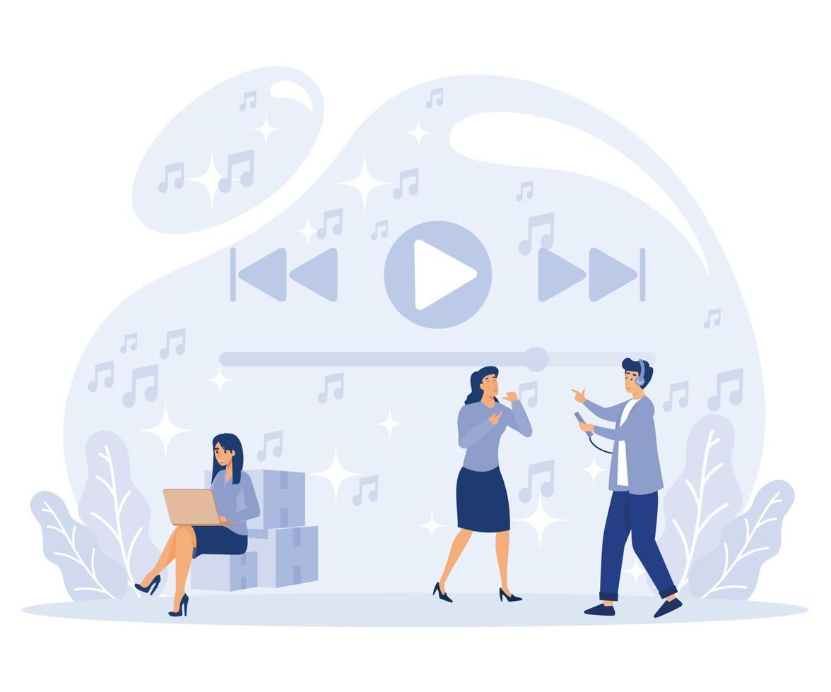 Media player app concept. Tiny people listen music, sound, audio or radio. Flat vector modern illustration.