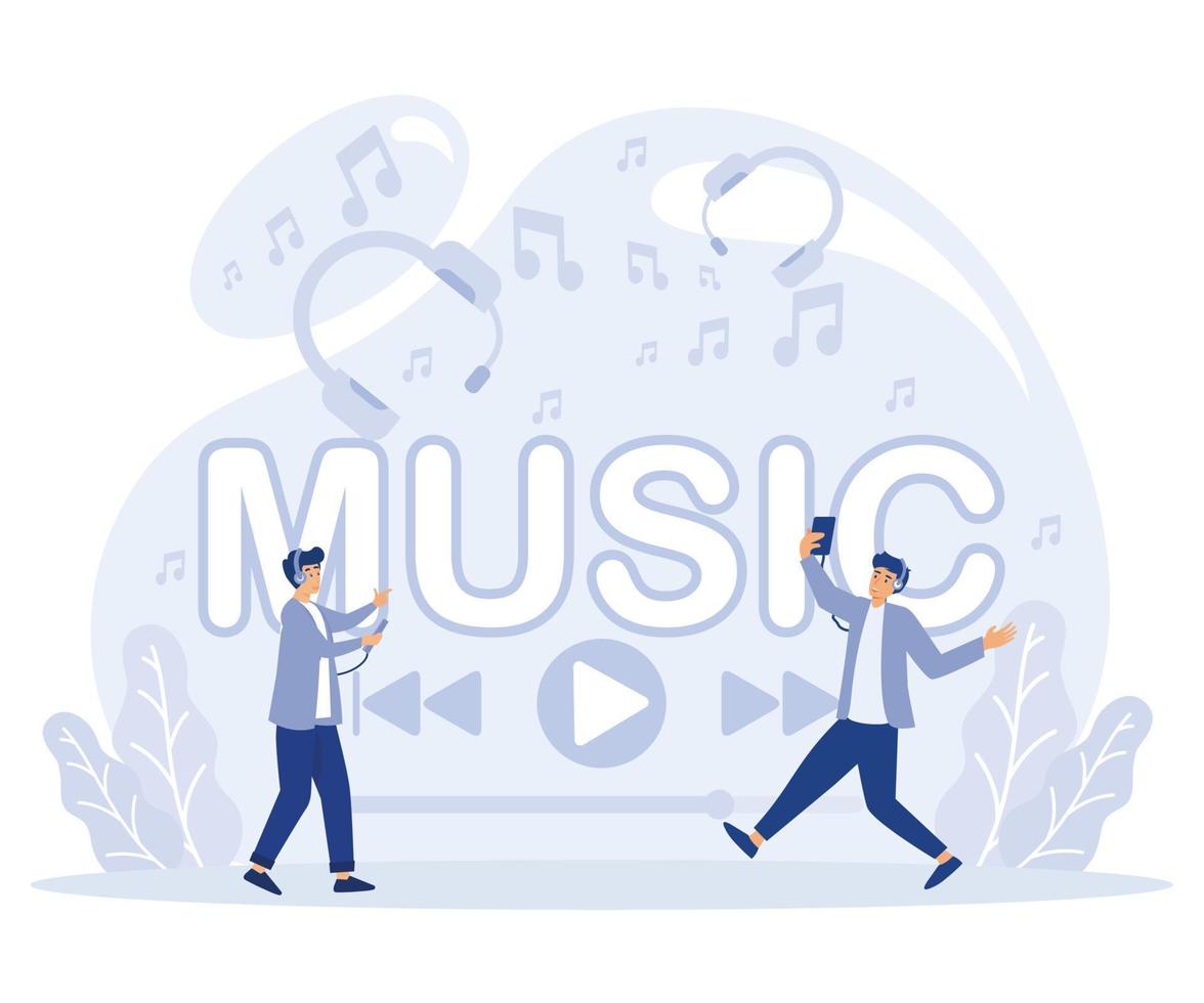 Media player app concept. Tiny people listen music, sound, audio or radio. Flat vector modern illustration.
