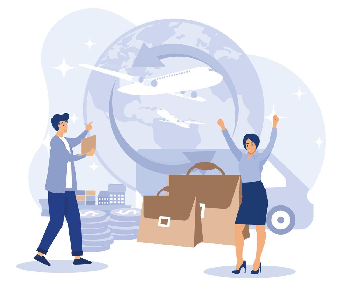 Import and export concept. Tiny people businessman sale goods and services worldwide. Flat vector modern illustration.
