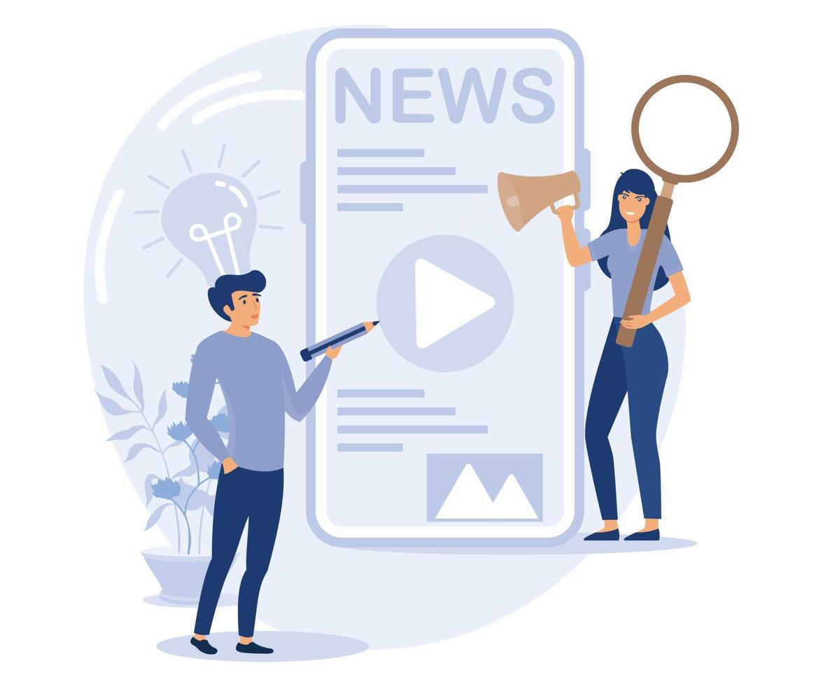 Online news mobile app, tiny people read live publication and articles in newspaper, holding magnifying glass and light bulb, flat vector modern illustration