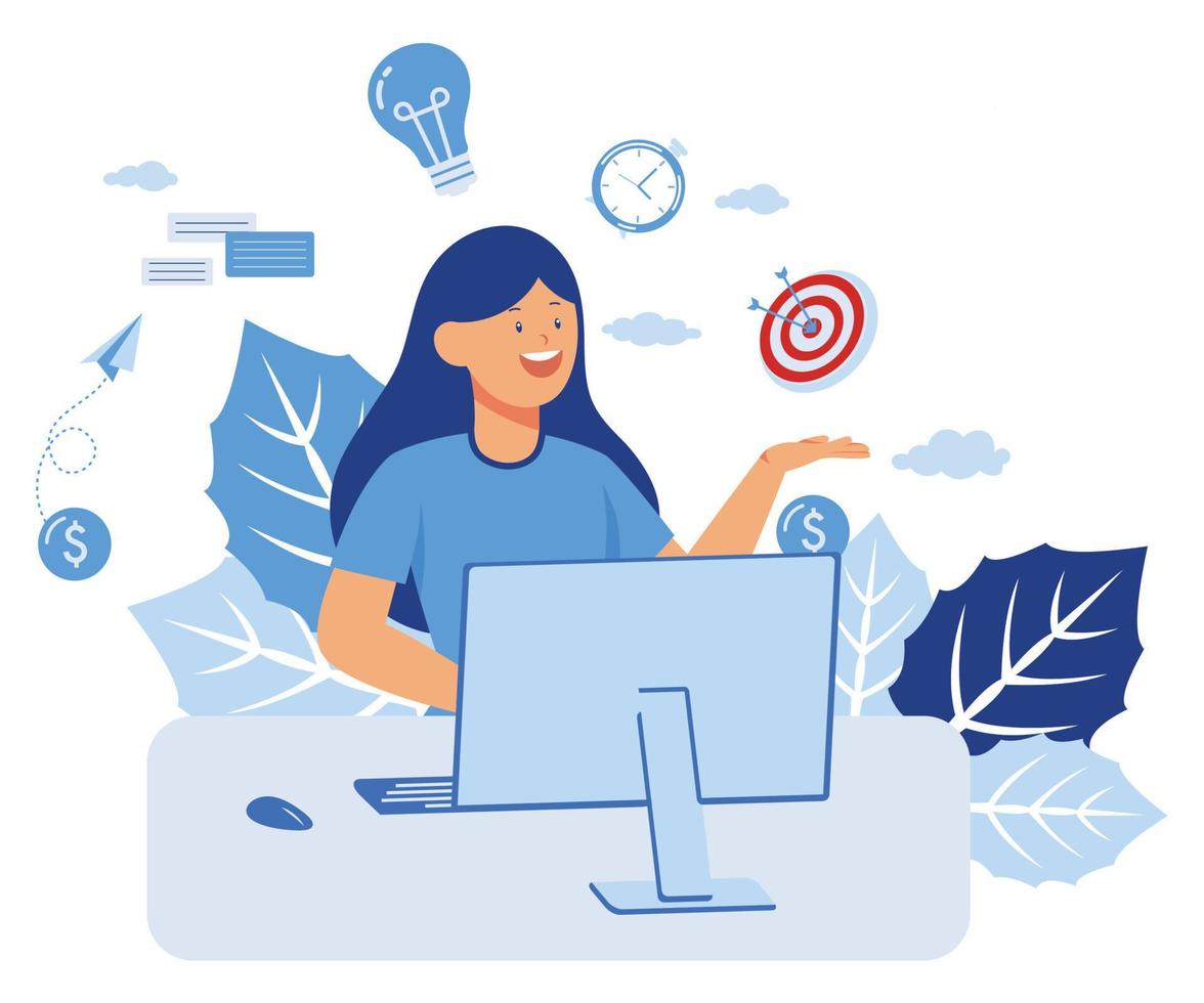 Multitasking work, productive master woman many hands productive doing her job thanks to time management and skill management. workaholic workplace stress management, flat vector modern illustration