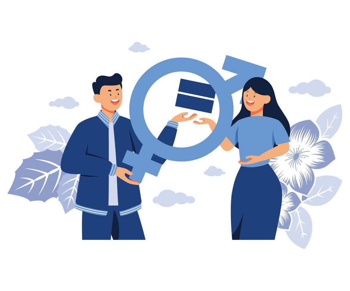 Gender equality concept, equal treatment male and female in society business, fair opportunities for different genders, flat vector modern illustration