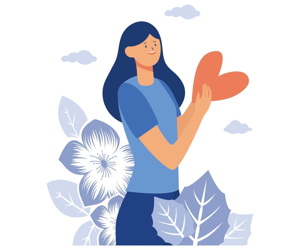 feeling of self love, self respect. woman holds heart in her hand. Positive emotions and harmony with yourself. kind volunteer girl cares. self help and self care, flat vector modern illustration