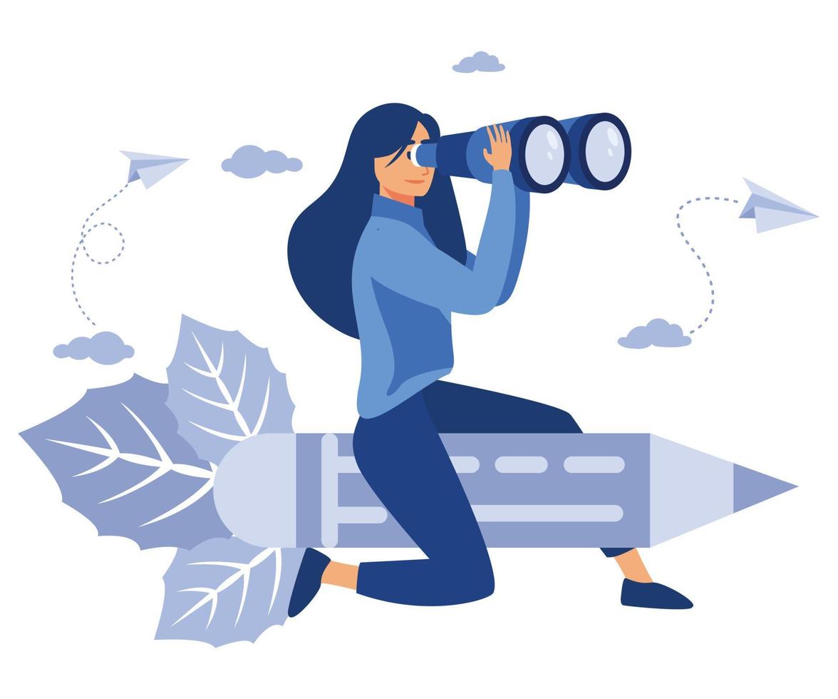 talented creative workers. girl creative artist designer flies on pencil rocket looks through binoculars looking for ideas,  flat vector modern illustration