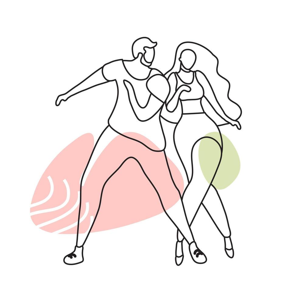 A beautiful couple are moving. Lovers dance bachata, salsa. Gentle line art with spots. Minimalism vector