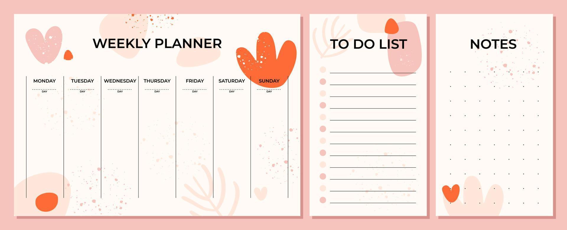Delicate pink weekly glider. Girly grunge and abstractions. Form to do list and notes. For printing vector