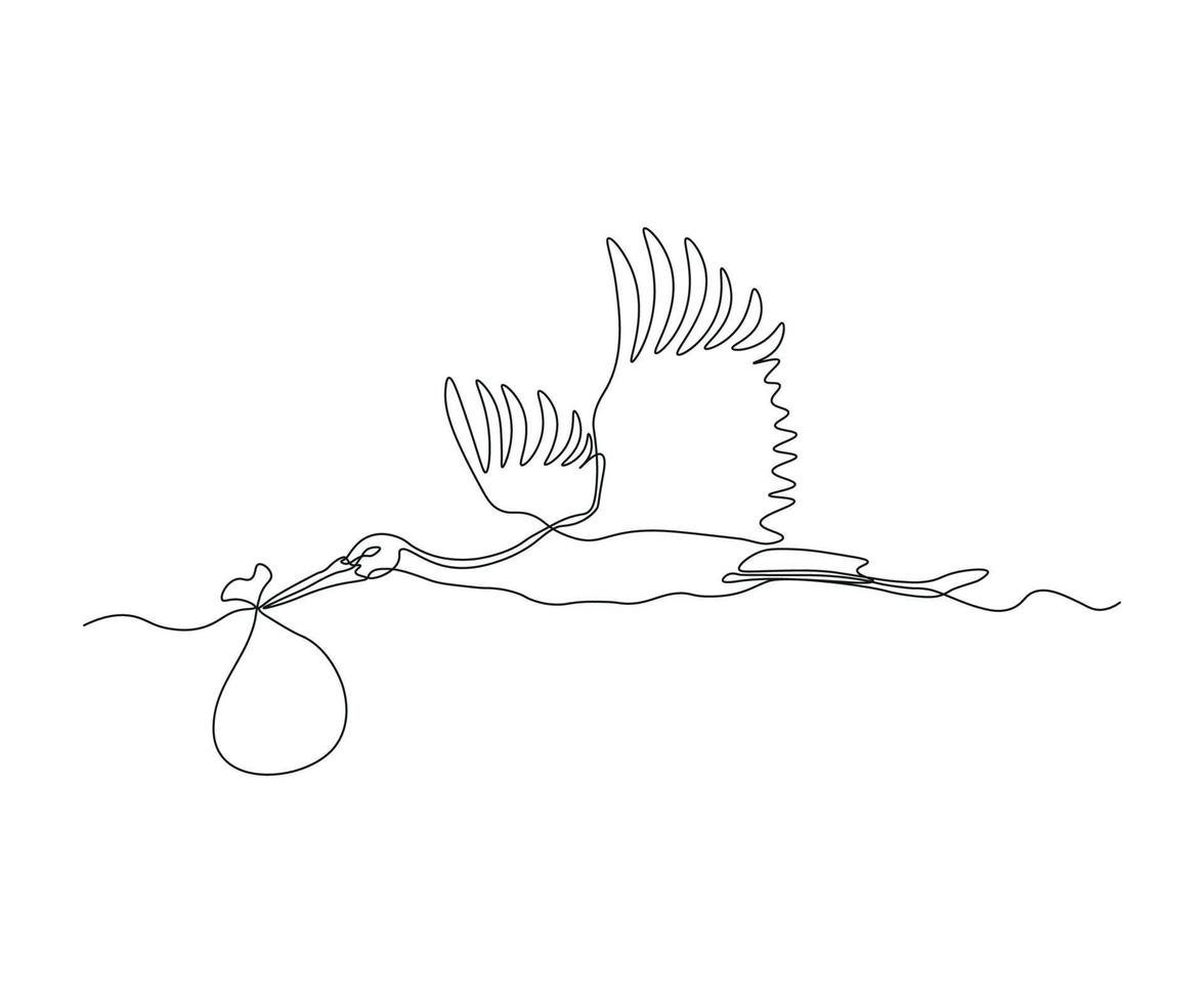 resumen volador cigüeña con un recién nacido bebé en un bolso continuo uno línea dibujo vector