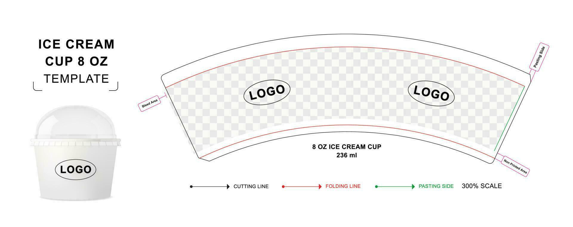 Ice cream cup die cut template 8 oz vector