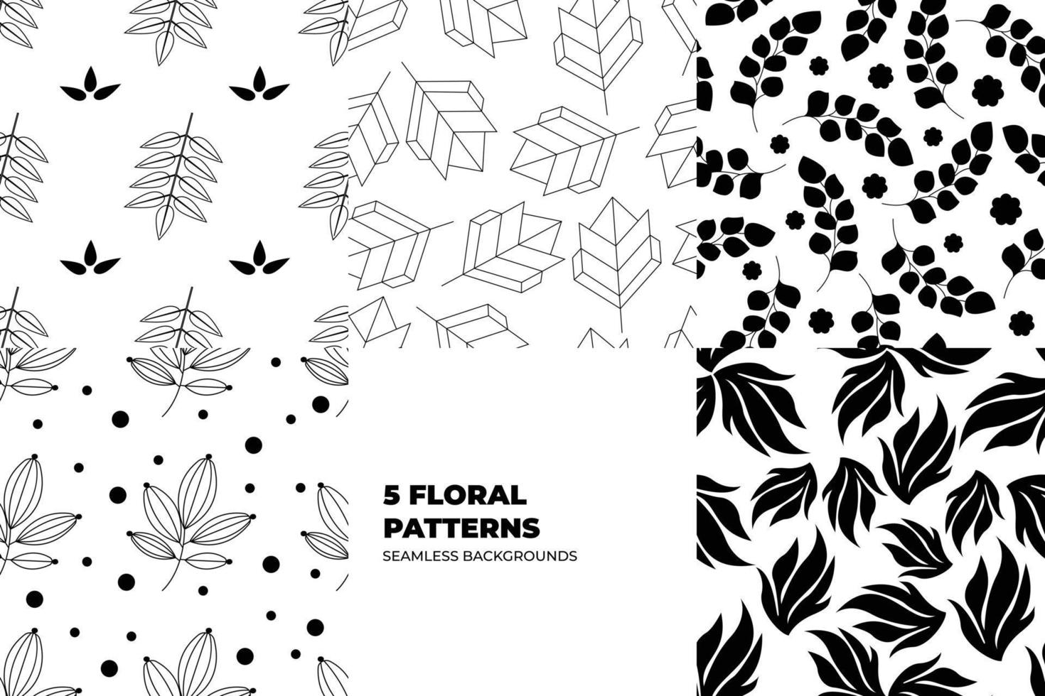 Floral seamless patterns. Leaves and flowers in black and white tones. Repeating endless vector design for paper, cover, fabric, interior decor and textile users. Vector illustration.