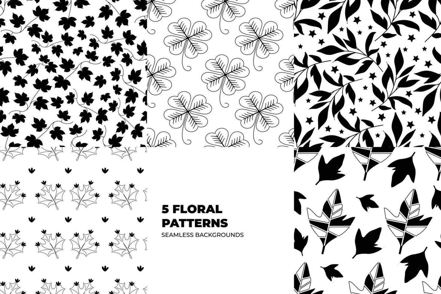 Botanical seamless patterns set. Leaves and flowers in black and white tones. Repeating vector design for paper, cover, fabric, interior decor and textile users. Vector illustration.