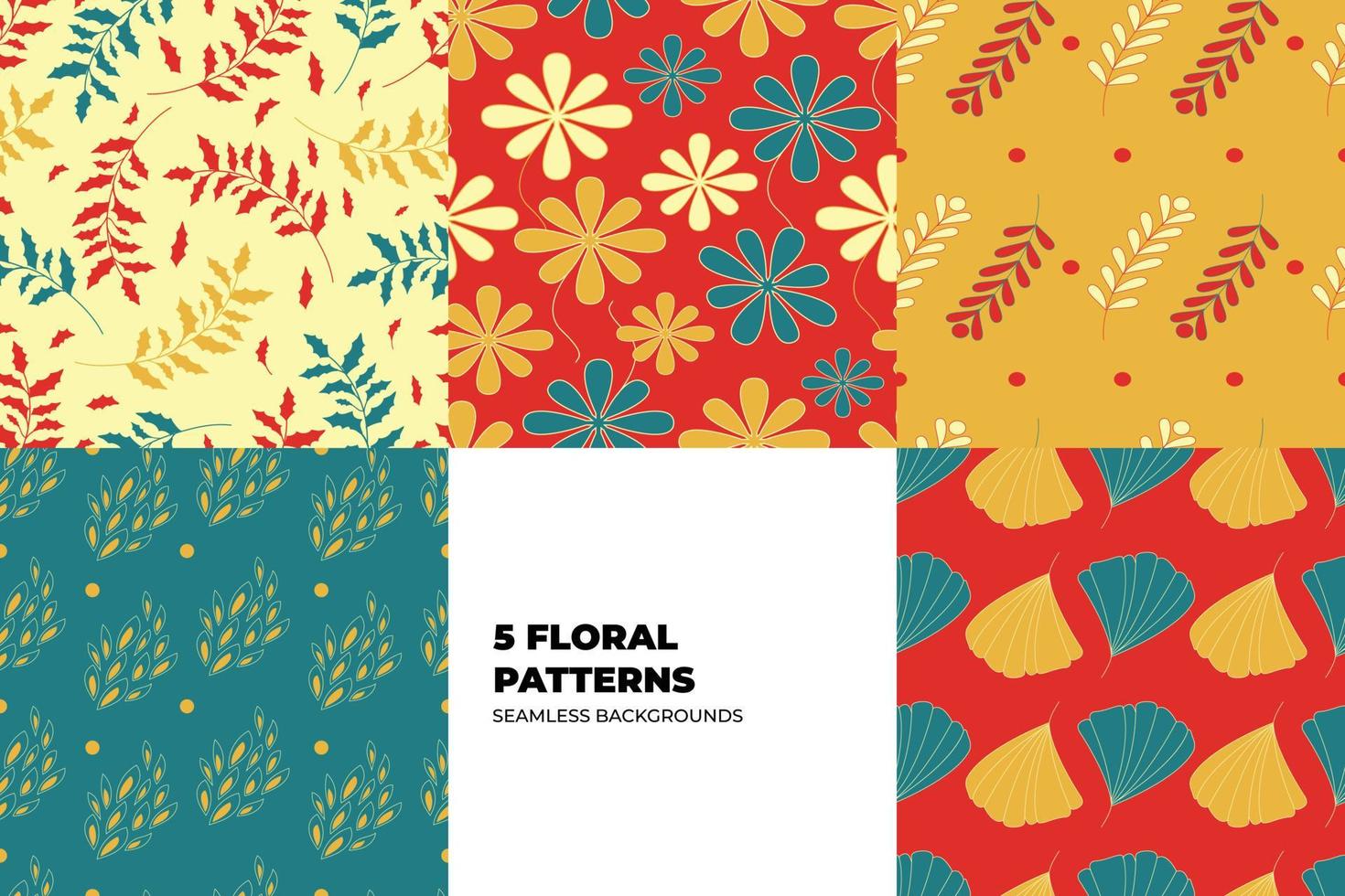 Floral seamless pattern set. Leaves and flowers in red and yellow tones. Repeating vector backgrounds for paper, cover, fabric, interior decor and textile users. Vector illustration.