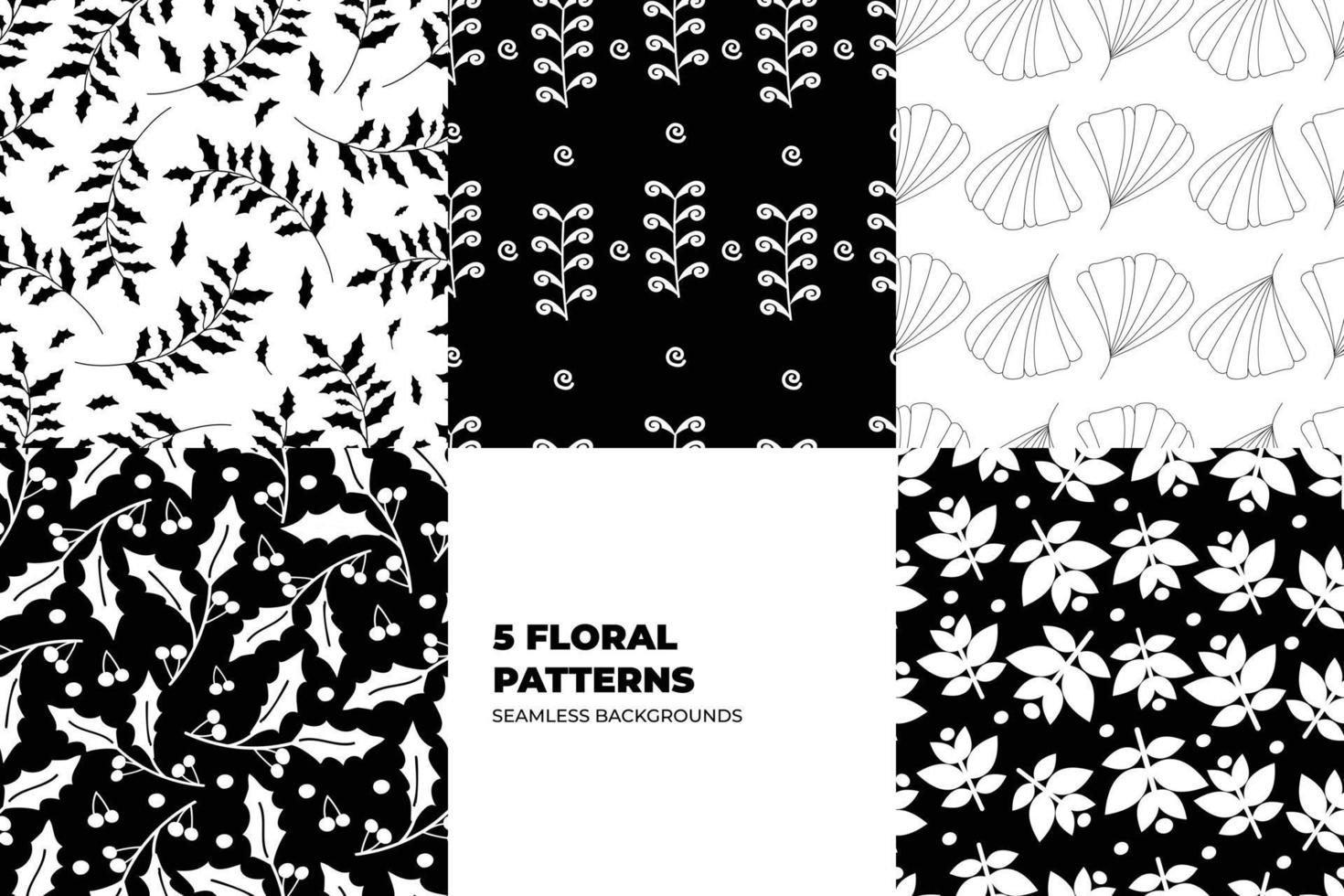 Floral seamless patterns. Leaves and flowers in black and white tones. Repeating endless vector design for paper, cover, fabric, interior decor and textile users. Vector illustration.