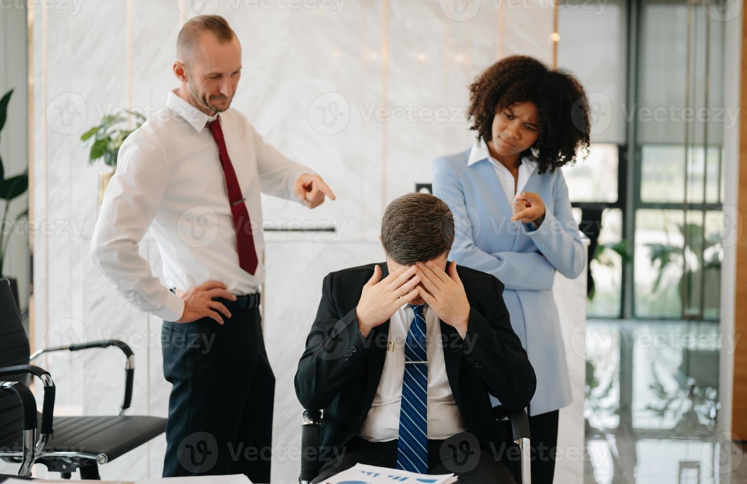 Team thinking of problem solution at office meeting, sad diverse business people group shocked by bad news, upset colleagues in panic after company bankruptcy concept photo