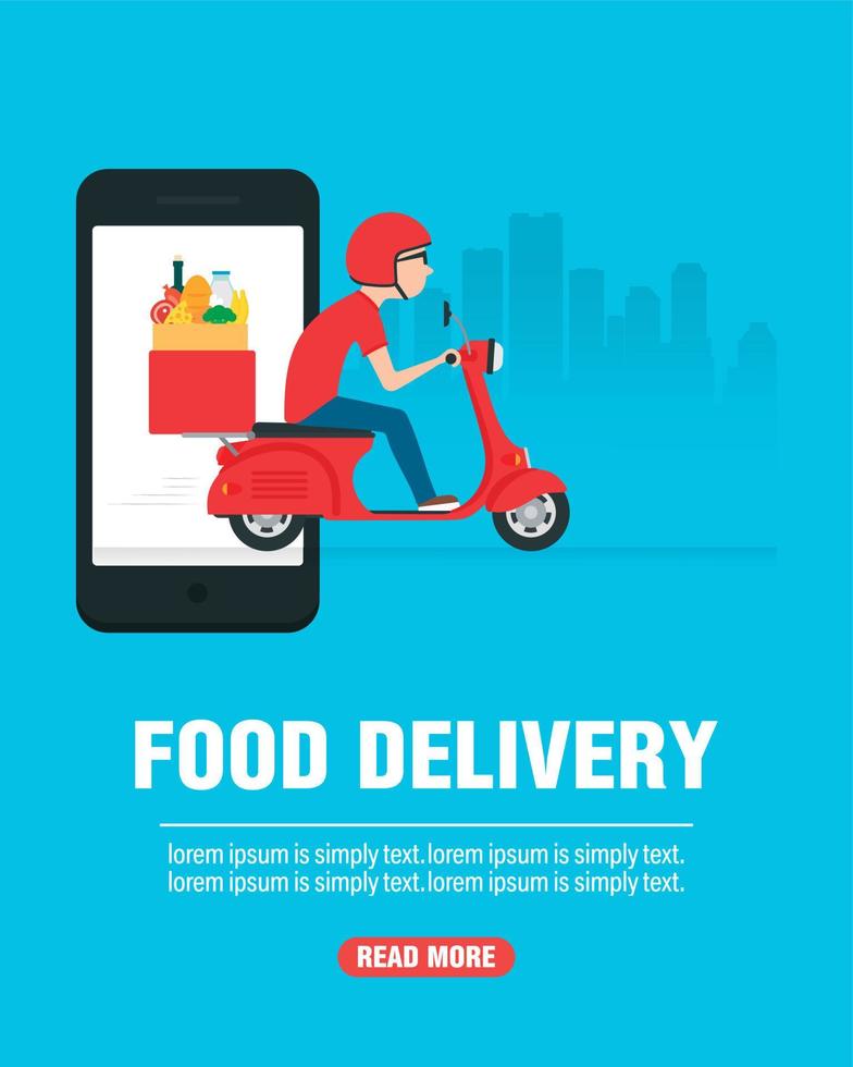 Food delivery on a motorcycle. Delivery concept design flat vector