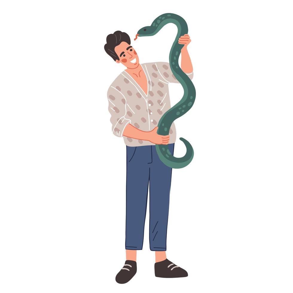 A happy man holds a snake. The guy smiles at the reptile. Pet, veterinary medicine vector