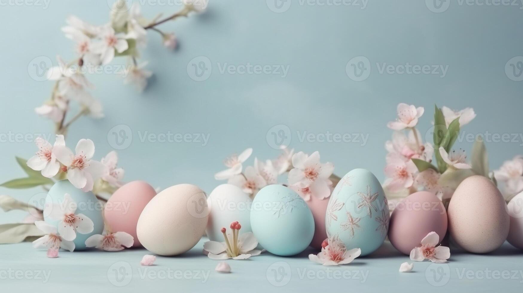 Easter composition with painted eggs and spring blossoming cherry flowers on blue background in modern style pastel colors copy space holiday greeting card photo