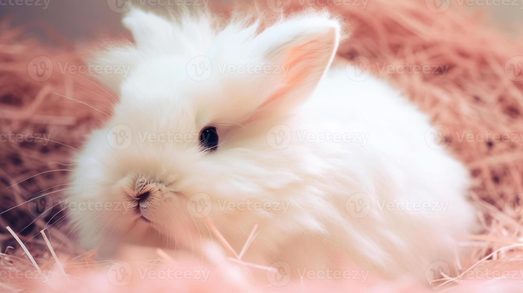 cute fluffy white easter bunny rabbit among spring pink flowers Holiday greeting card photo