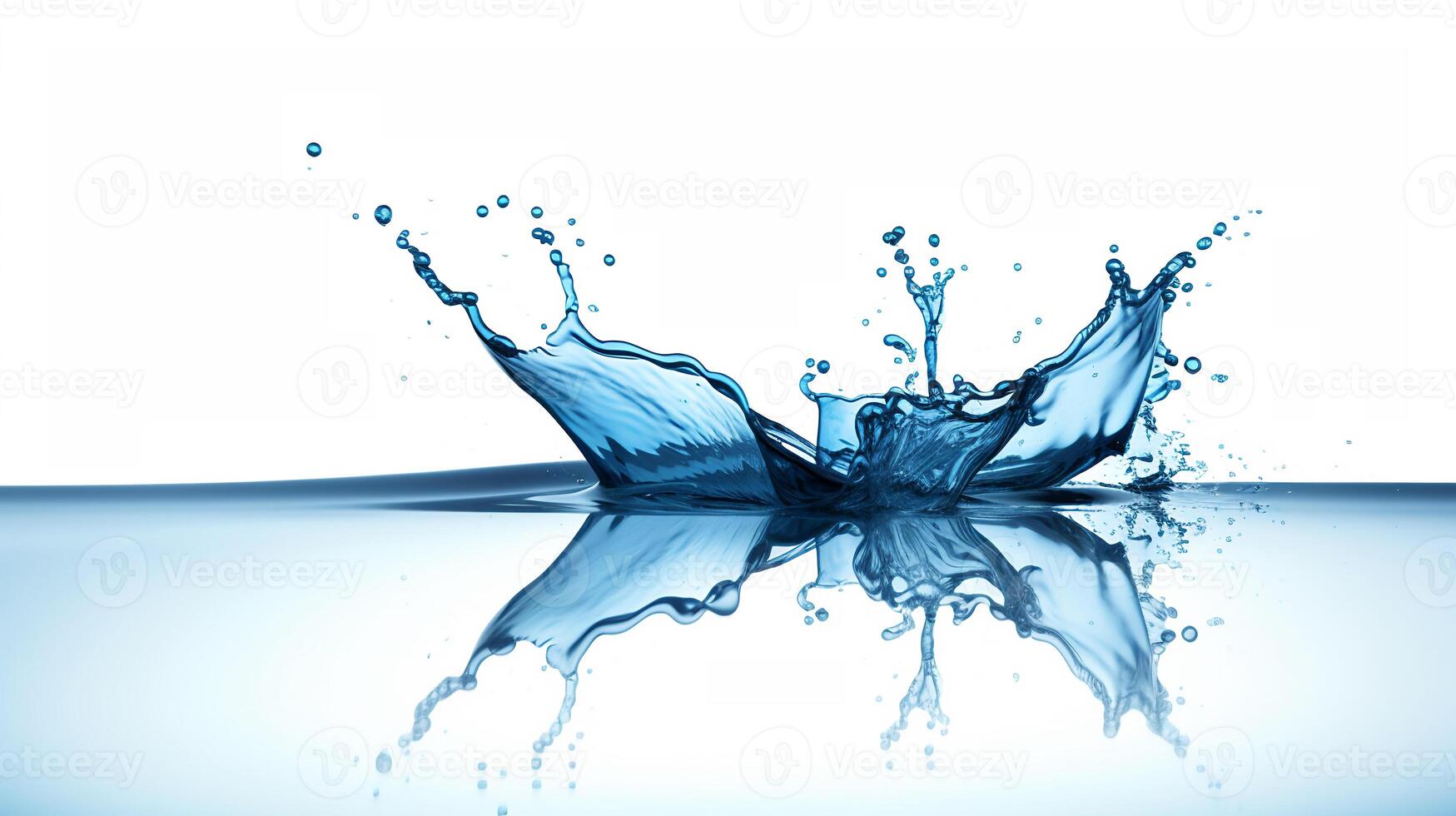 Abstract blue water splash with drops and reflection on white background design photo