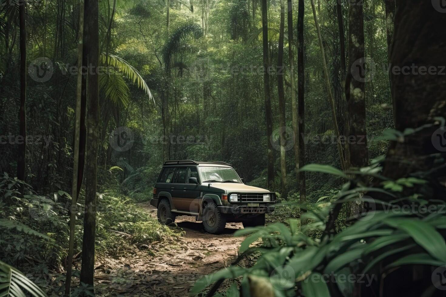 cuatro rueda conducir suv es conducción en lodoso la carretera en selva. generativo ai foto