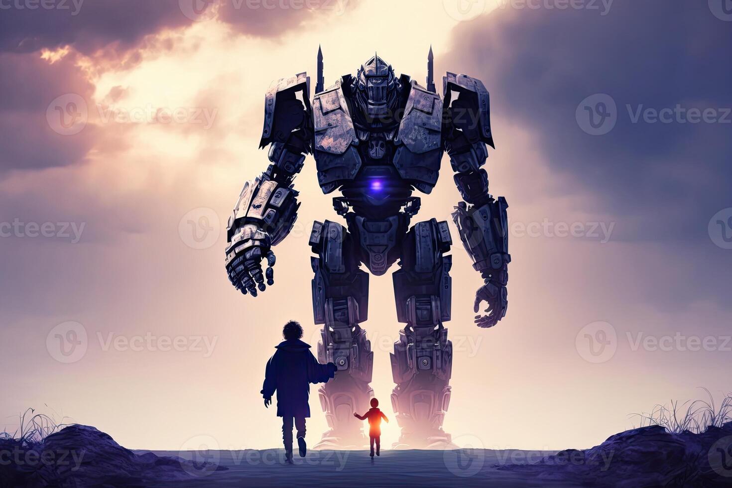 gigante robot y niño caminando juntos a puesta de sol. generativo ai foto