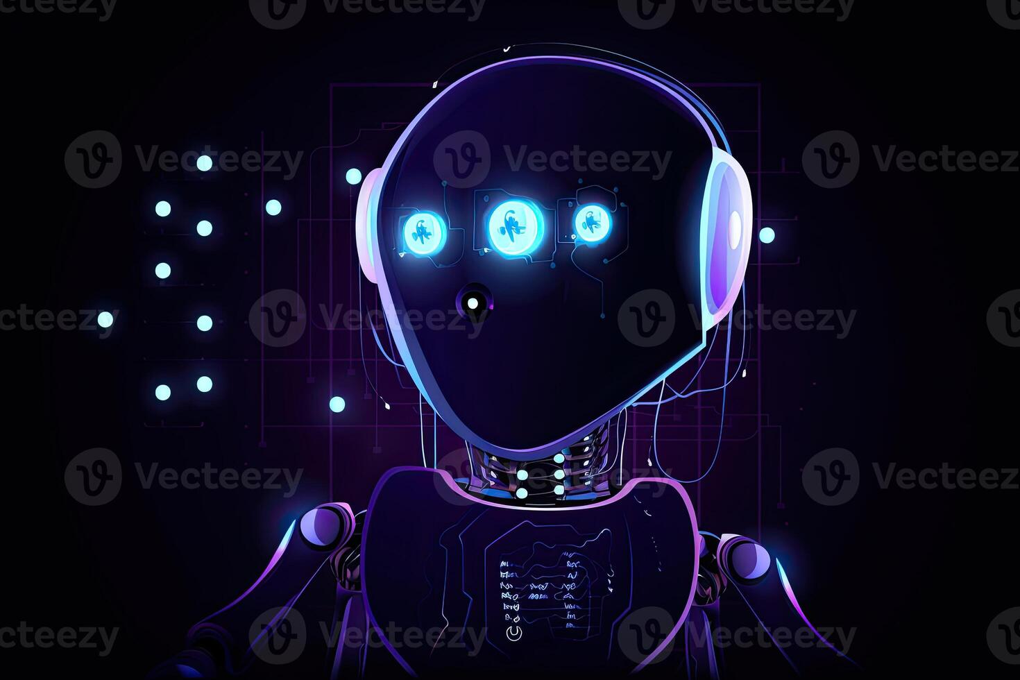 Visualization of robot assistant or chat bot on web site. Cute robot with big eyes on dark background. Created with photo