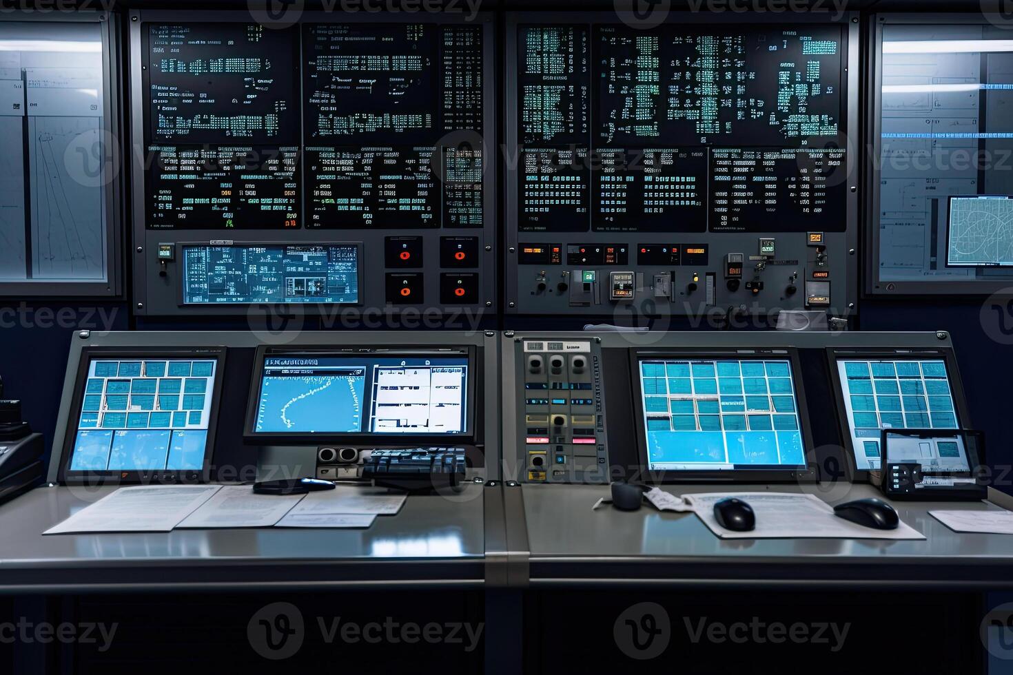 Central control panel. Operator workplace with a lot of screens and buttons. photo