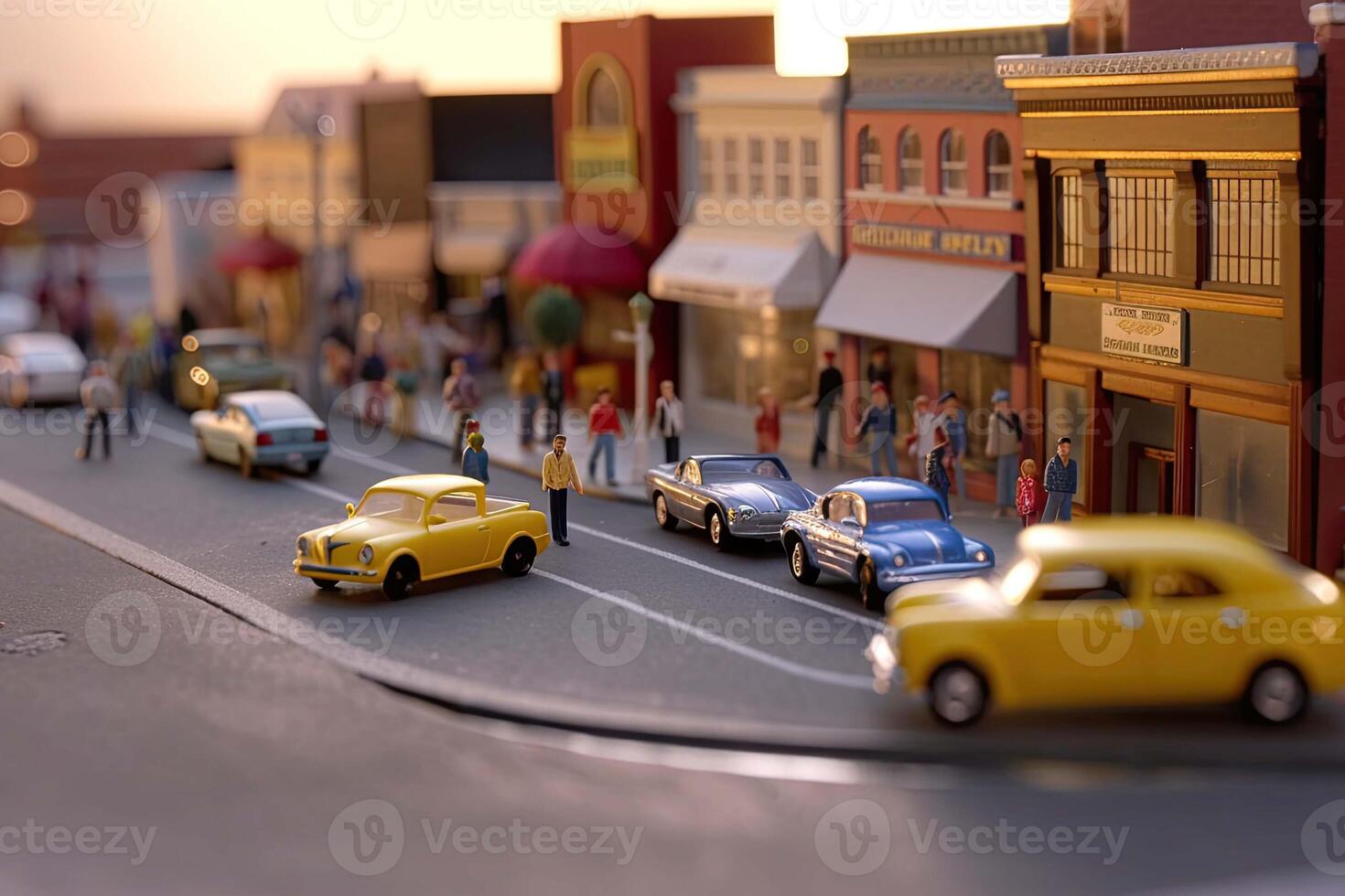 Model of city street in miniature, tilt shift. Created with photo