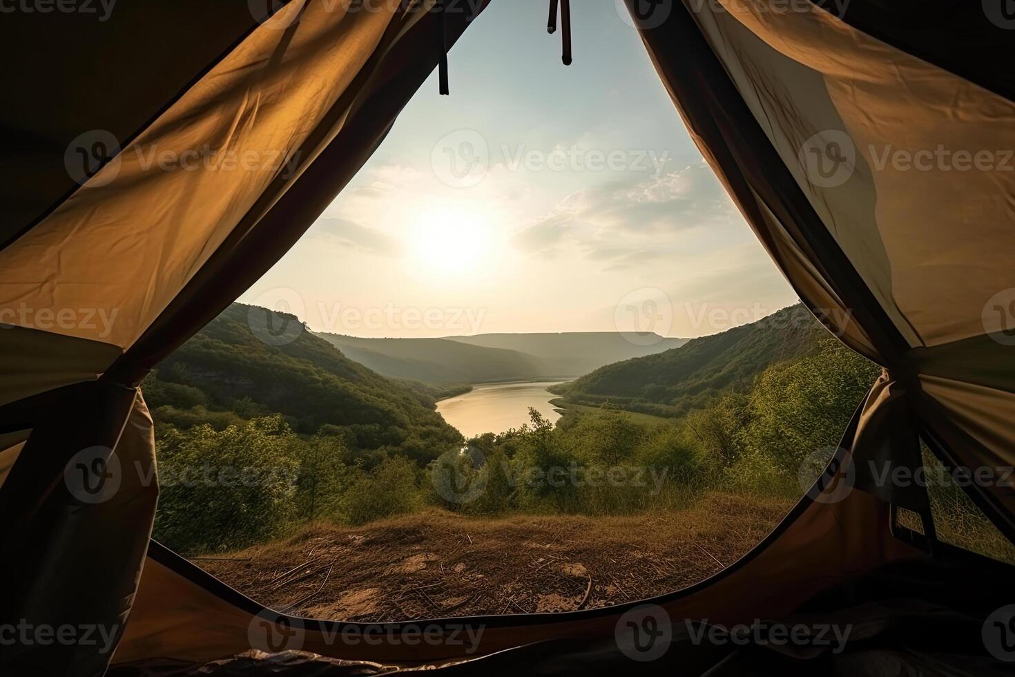 ver desde dentro tienda a montaña paisaje. generativo ai foto