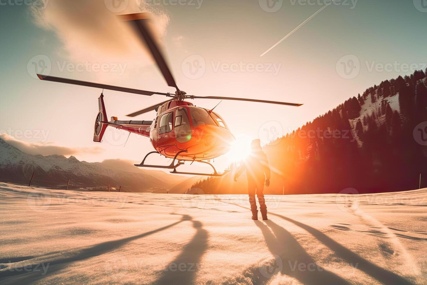 Search operation in mountains. Medical rescue helicopter in snowy mountains. photo