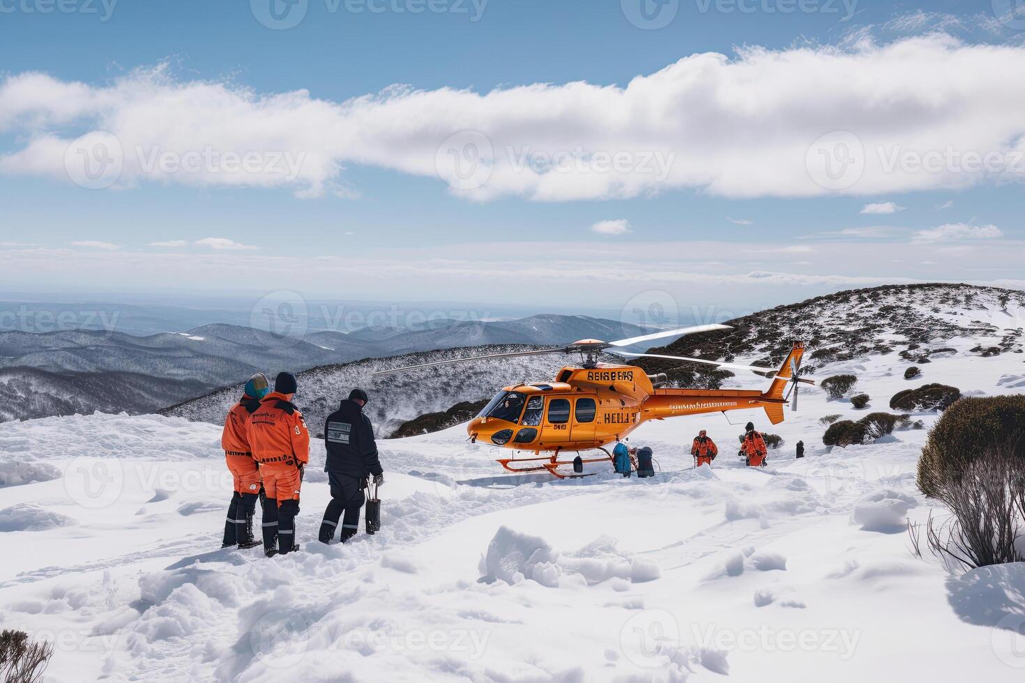 Search operation in mountains. Medical rescue helicopter in snowy mountains. photo