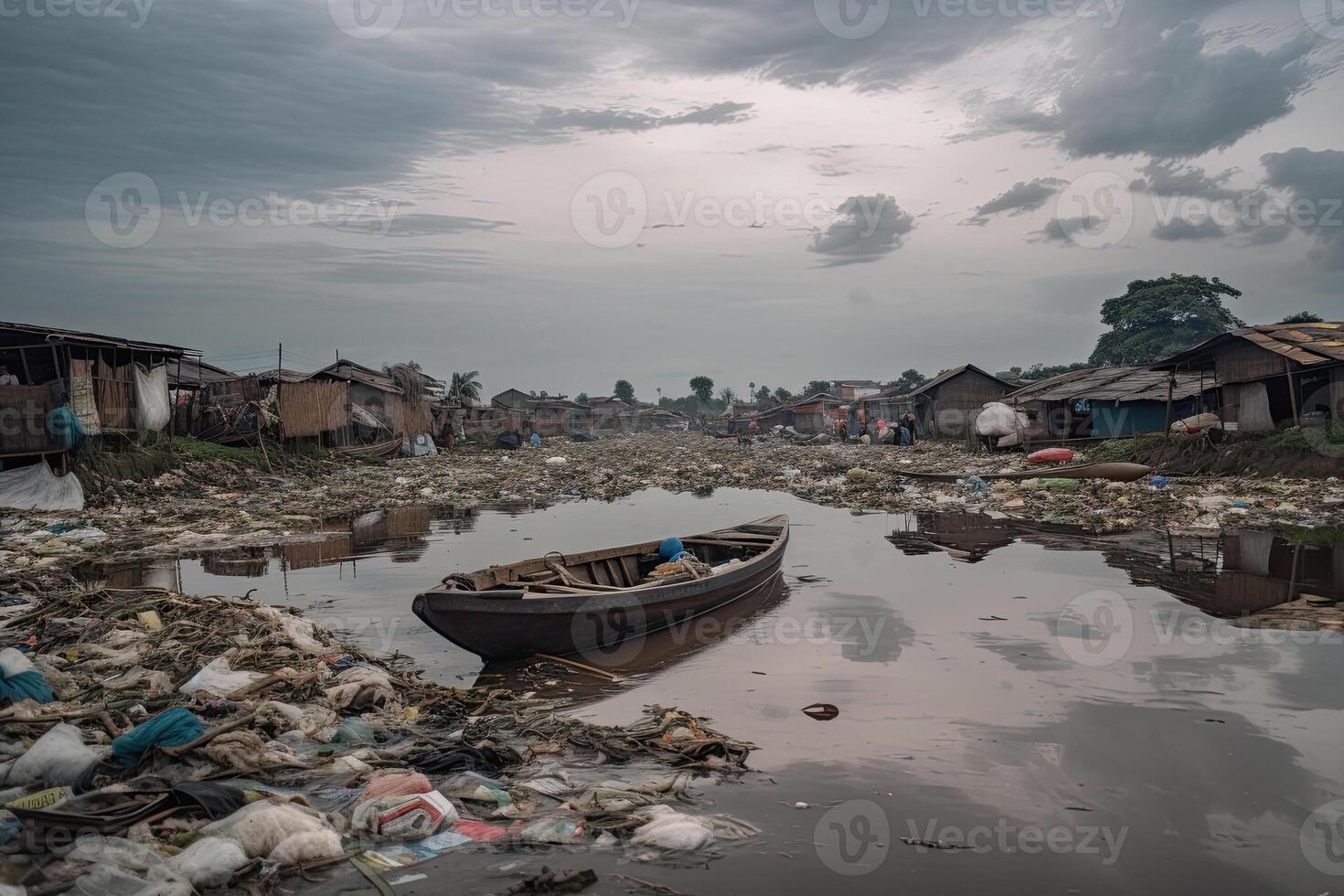 enorme tugurio con un lote de el plastico residuos y varios usado basura. generativo ai foto