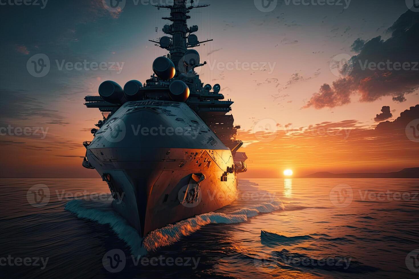 Modern warship in the sea at sunset. Military force ship sailing in ocean. photo