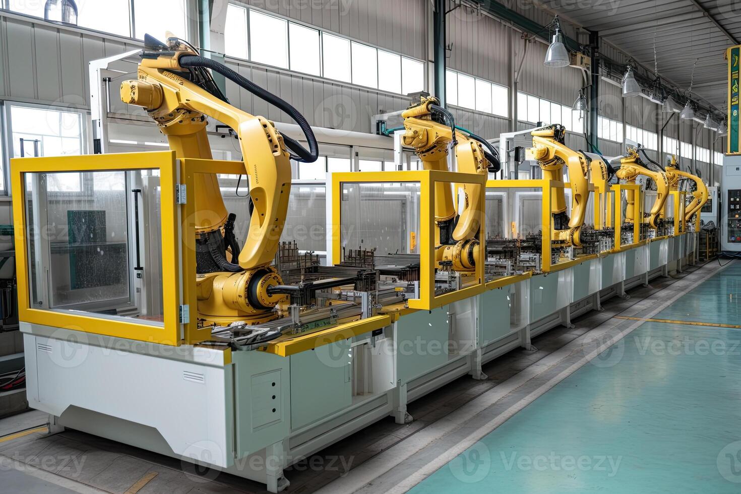 Robotic arms on the assembly line. Automated conveyor on factory. photo