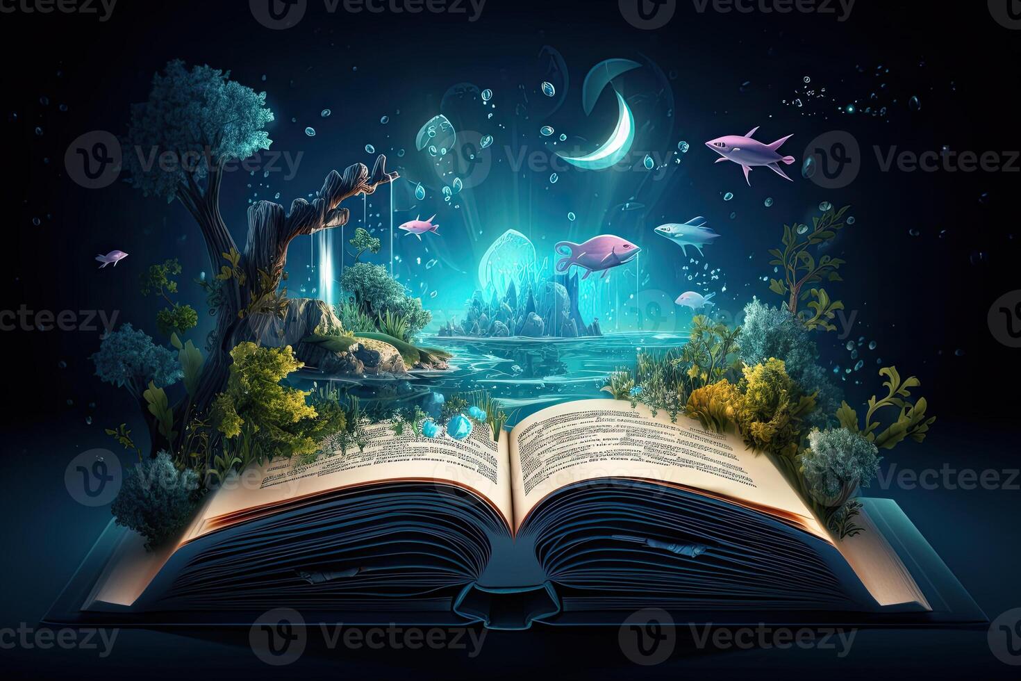 Open magical book with fantasy landscape over pages. Created with photo