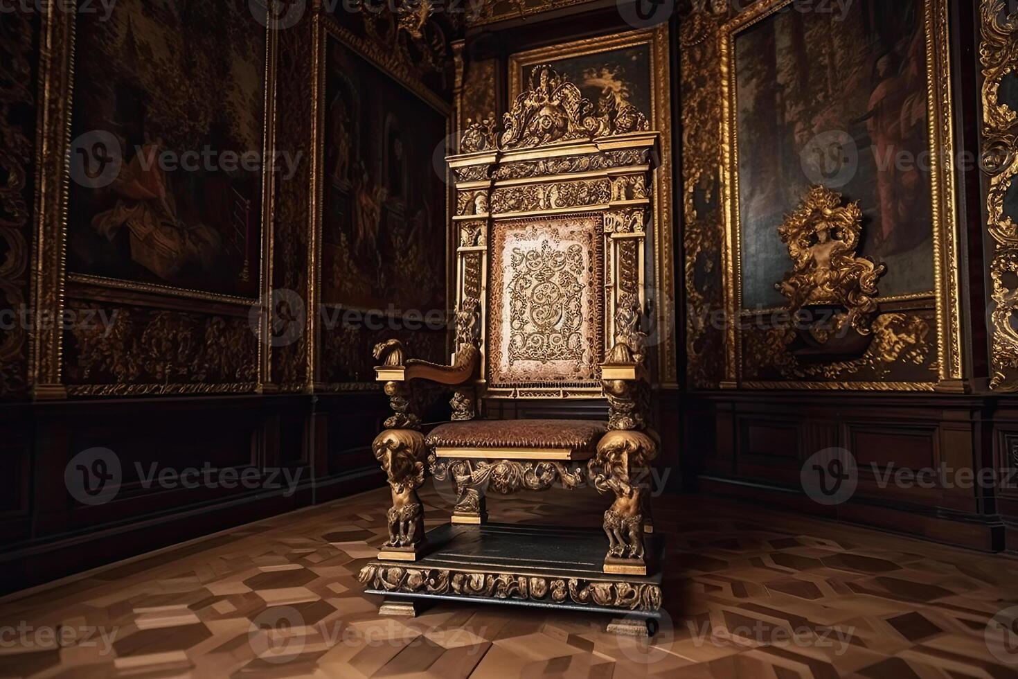 Empty royal throne in dark castle hall. Fantasy medieval throne for king. photo