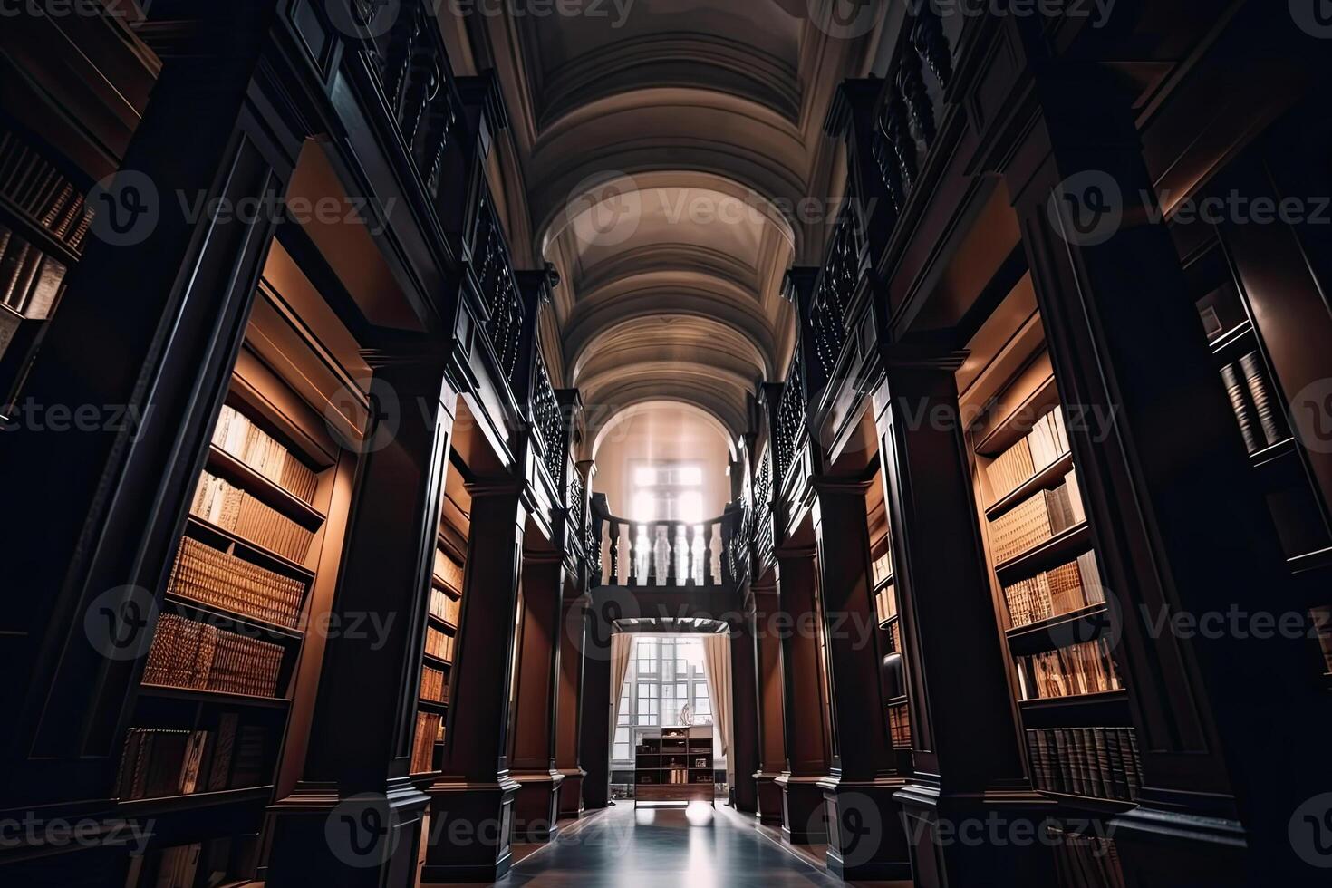 Interior of library with many bookshelves. photo