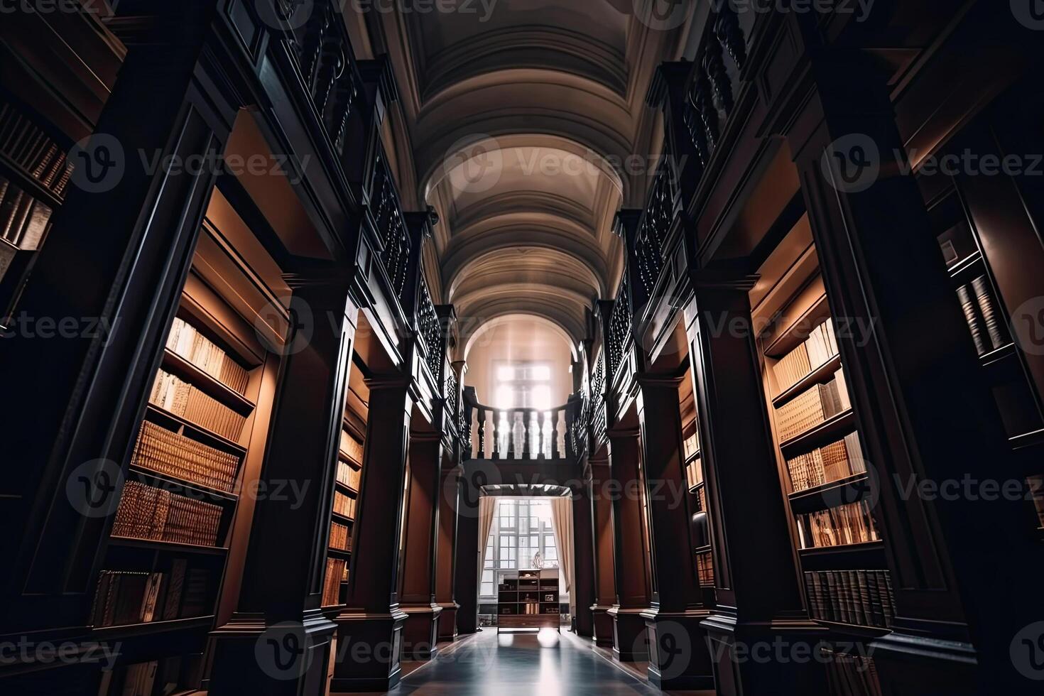 interior de biblioteca con muchos estantería. generativo ai foto