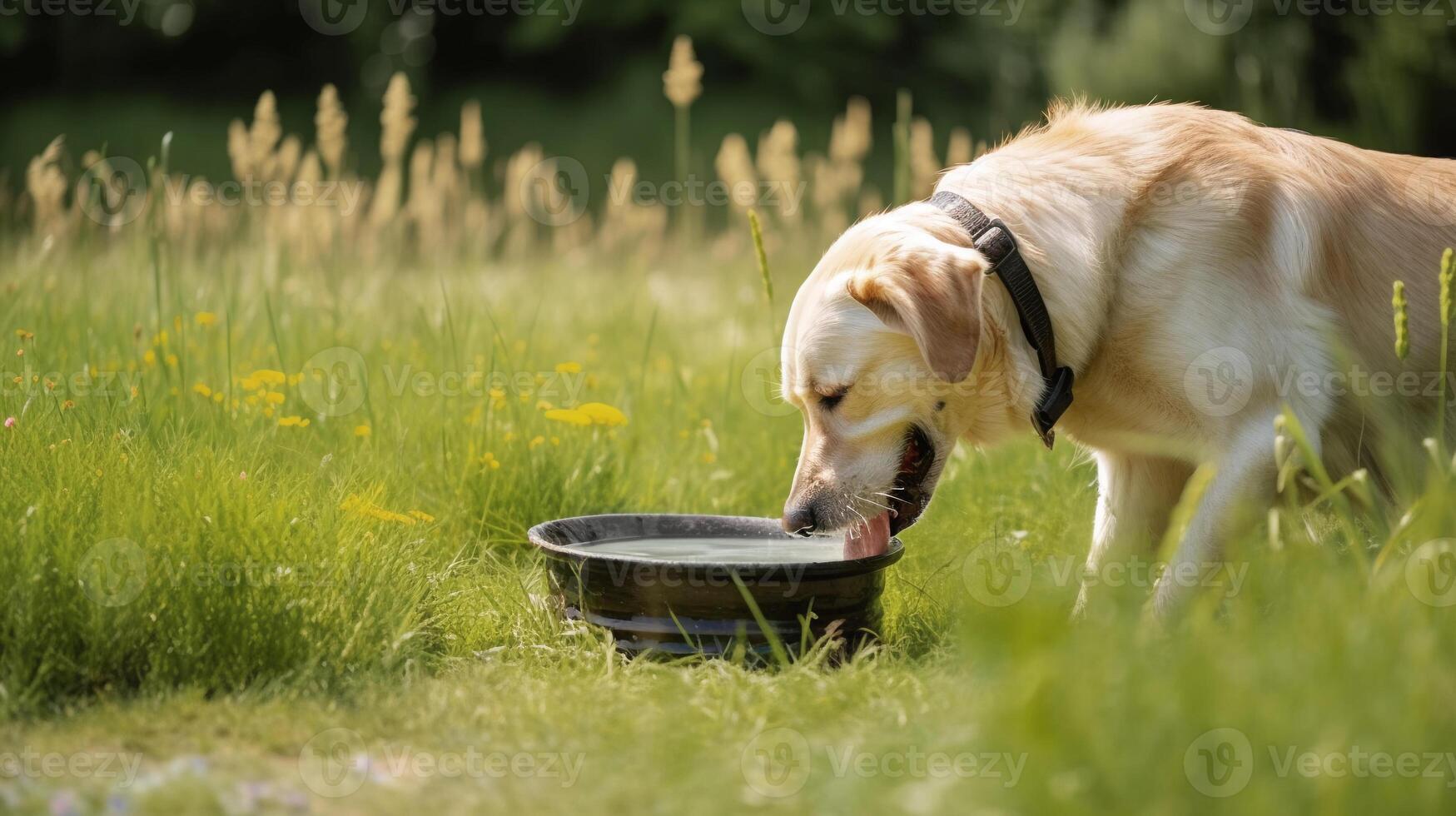 Golden labrador retriever dog drinking water from dog bowl in meadow on hot summer day walking, pet love and care copy space photo