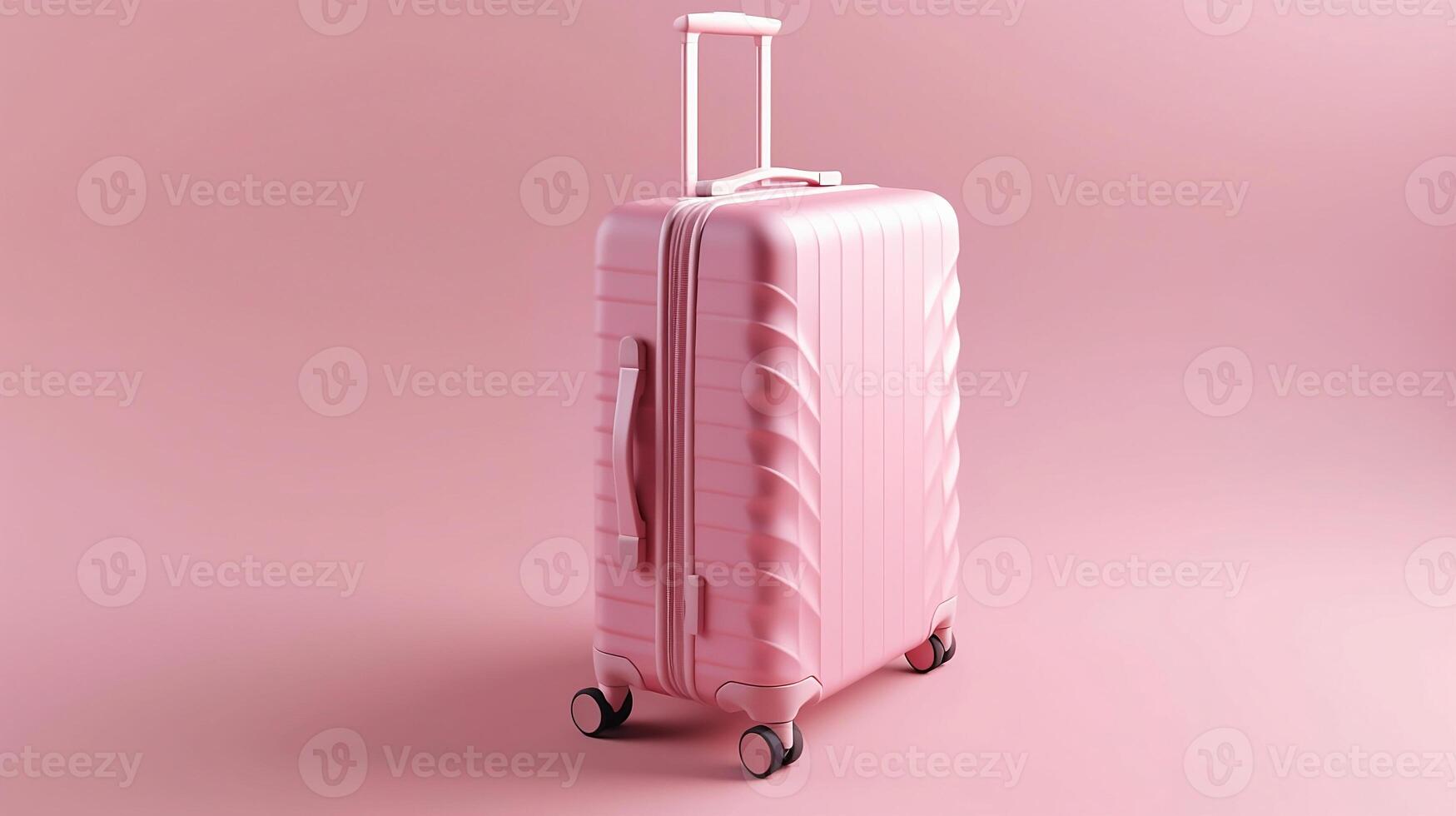 modern pink suitcase on wheels close-up on pink background travelling concept copy space photo