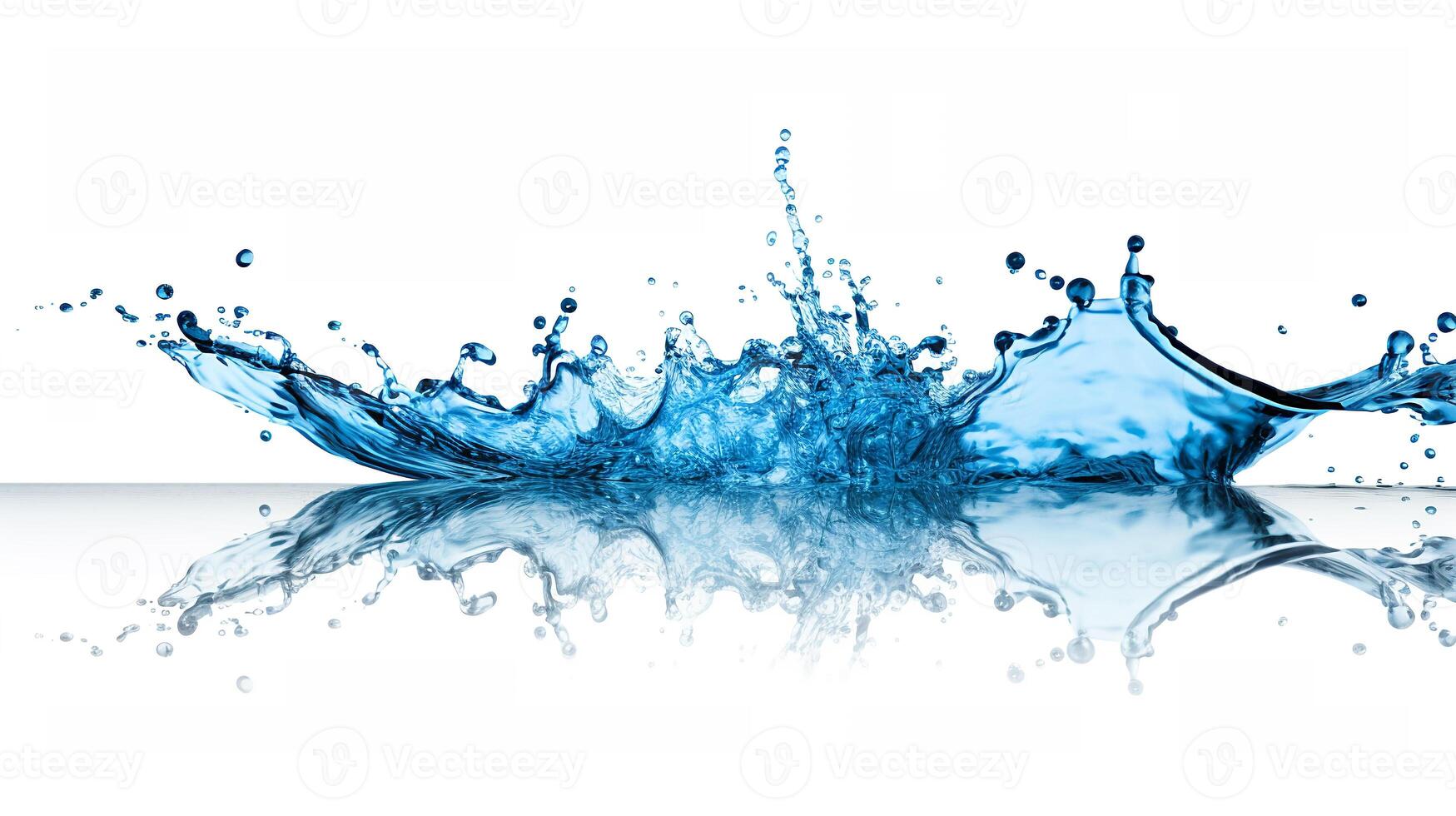 Abstract blue water splash with drops and reflection on white background design photo