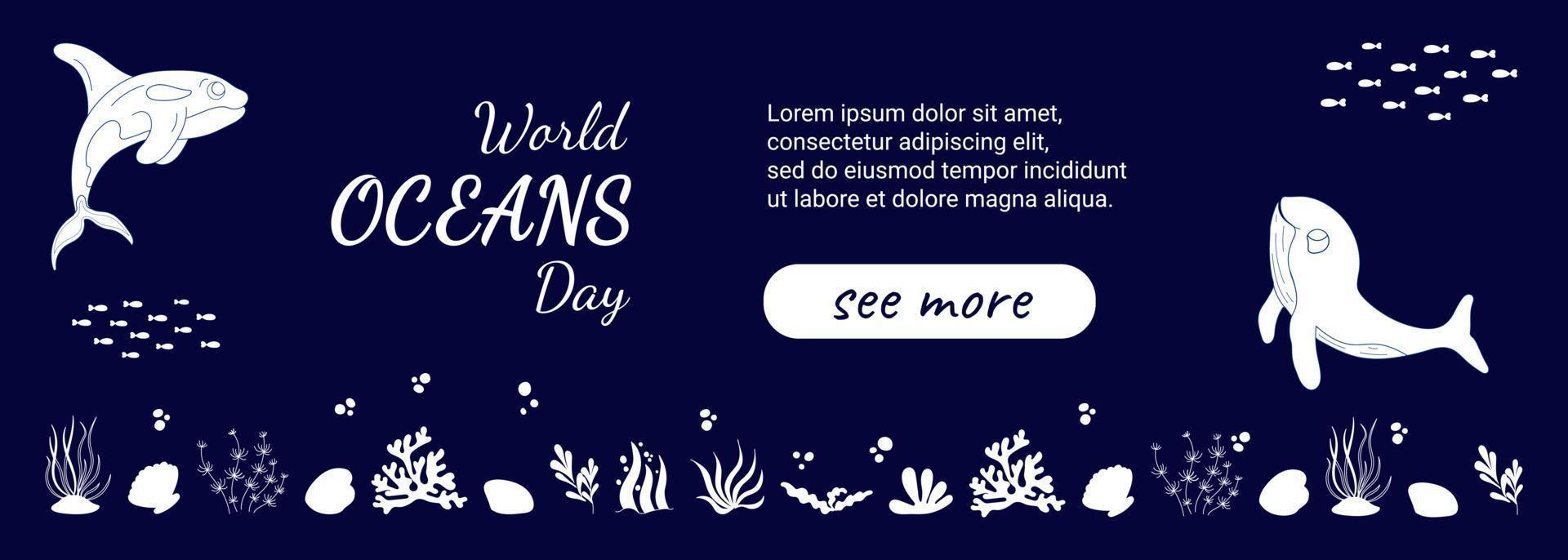 Banner world ocean day. Whale, killer whale, seaweed, corals, fish. Blue background. Vector template