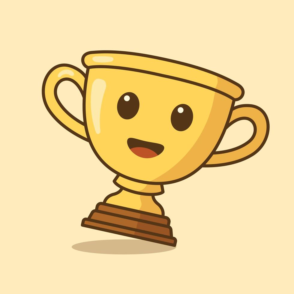 Cute gold trophy cartoon character. First place champion trophy cup in flat style. Vector flat outline icon