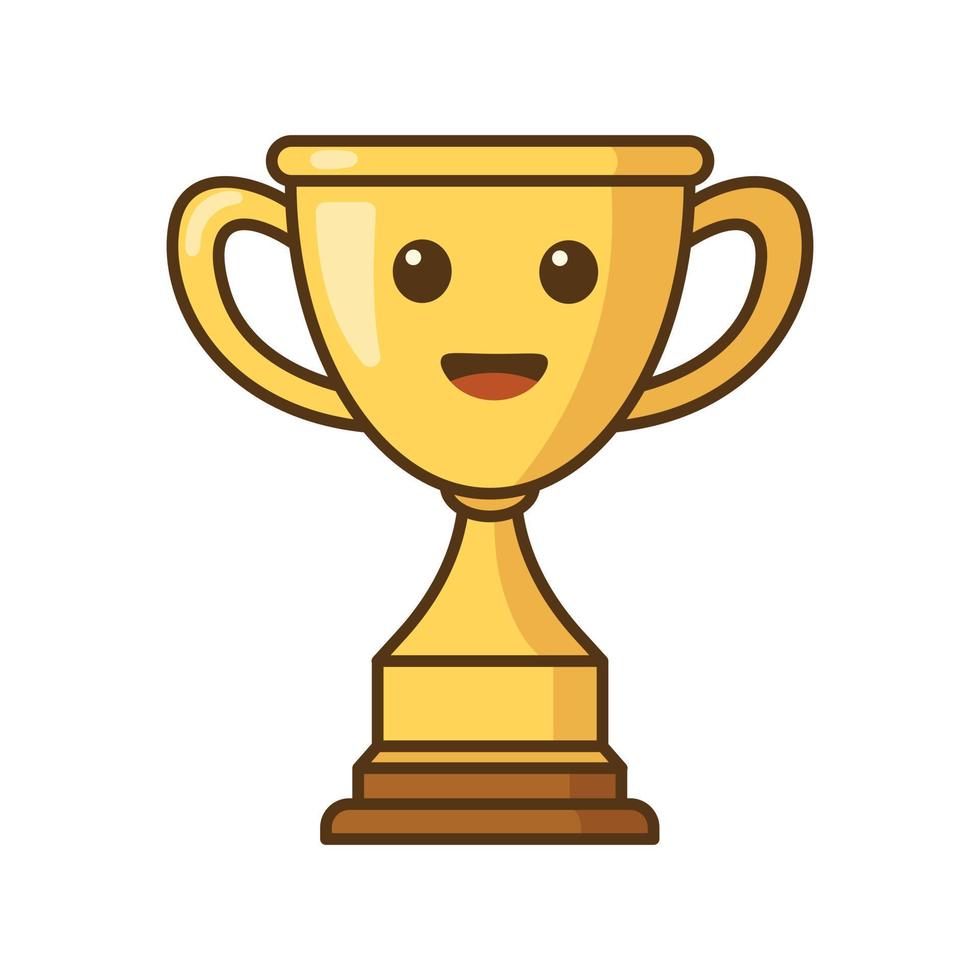 Gold trophy cartoon character. First place champion trophy cup in flat