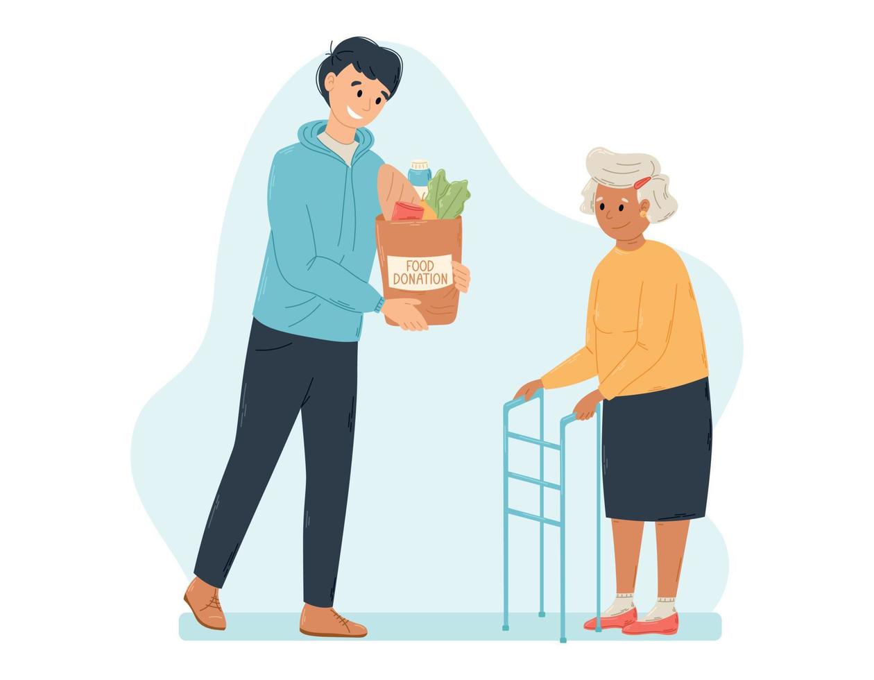 Vector illustration Donation of Food to Elderly and Disabled. A young Man giving Bag of Groceries and Food to Old Woman with a walker. Social care and help to poor people.