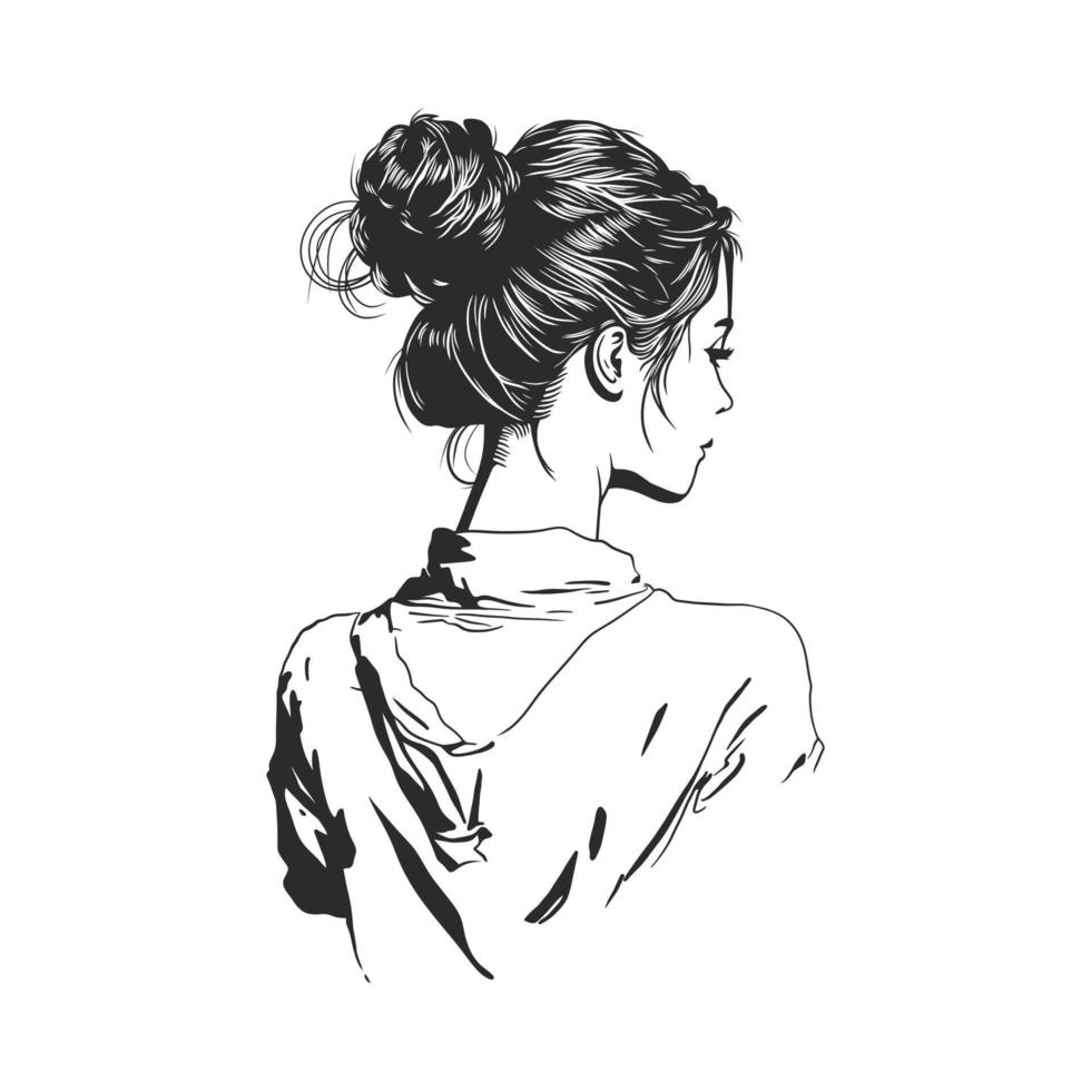 Women figure from behind with messy bun hair style. Black and white vector line art