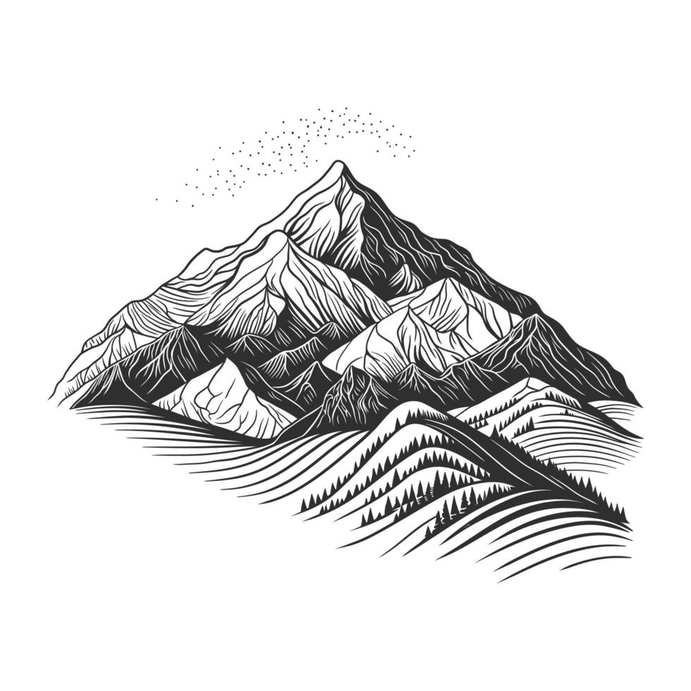 Mountain landscape scenery in black and white vector line art
